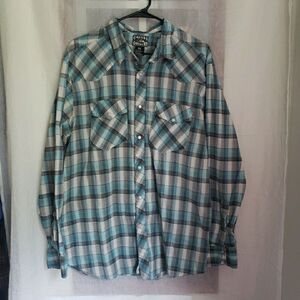 Casual Country Mens Long Sleeve Pearl Snap Shirt Blue Plaid Size XL *FLAW